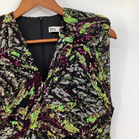 Zara Sequined Medium Mini Dress With V-Neckline Sleeveless Design Cocktail Party - Picture 3 of 8